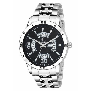 Black Dial Silver Chain Day And Date Working Trendy Analog Watch