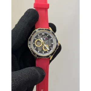 Tommy Hilfiger Watch Red Silicone Strap Automatic Open Machinery For Men (SUP231)