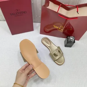 Valentino Garavani VLogo Signature Flat Leather Sandals Gold with OG Box & Carry Bag Gold For Women (BSF404)