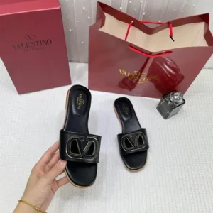 Valentino Garavani VLogo Signature Flat Leather Sandals Gold with OG Box & Carry Bag Gold For Women (BSF405)