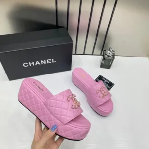 Chanel Lambskin Quilted CC Mules Wedge Sandals with OG Box & Dust Bag Pink For Women (BSF412)