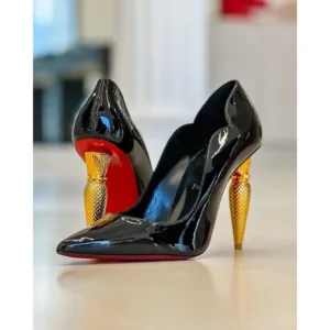 Christian Louboutin Heels Lipstick Glossy Leather Black For Woman (LAB634)